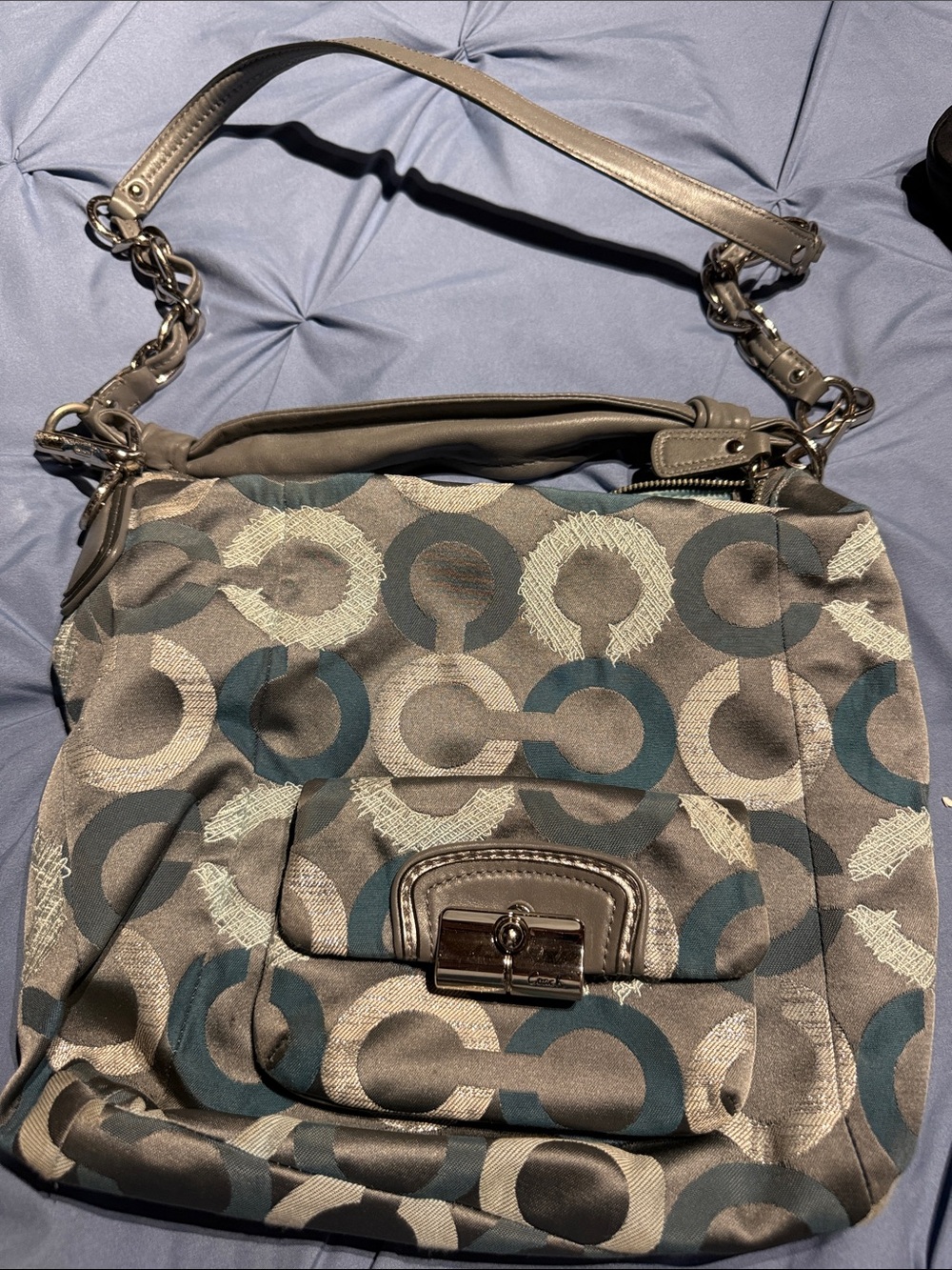 Coach Gray and Teal Signature Ring-Print Shoulder Bag